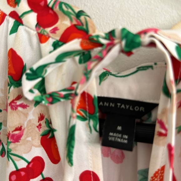Ann Taylor strawberries, cherries, Floral Ruffle Sleeve Tie Neck Shell top - Picture 7 of 7